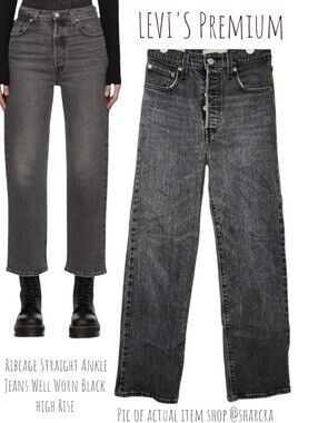LEVI'S Premium Women's Ribcage Straight Ankle Jeans Well Worn Black high Rise 25